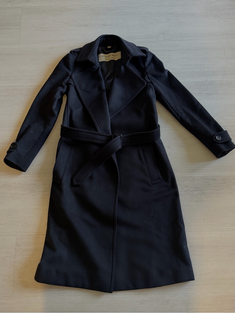 Burberry Long Sleeve Black Wool Trench Coat with Belt